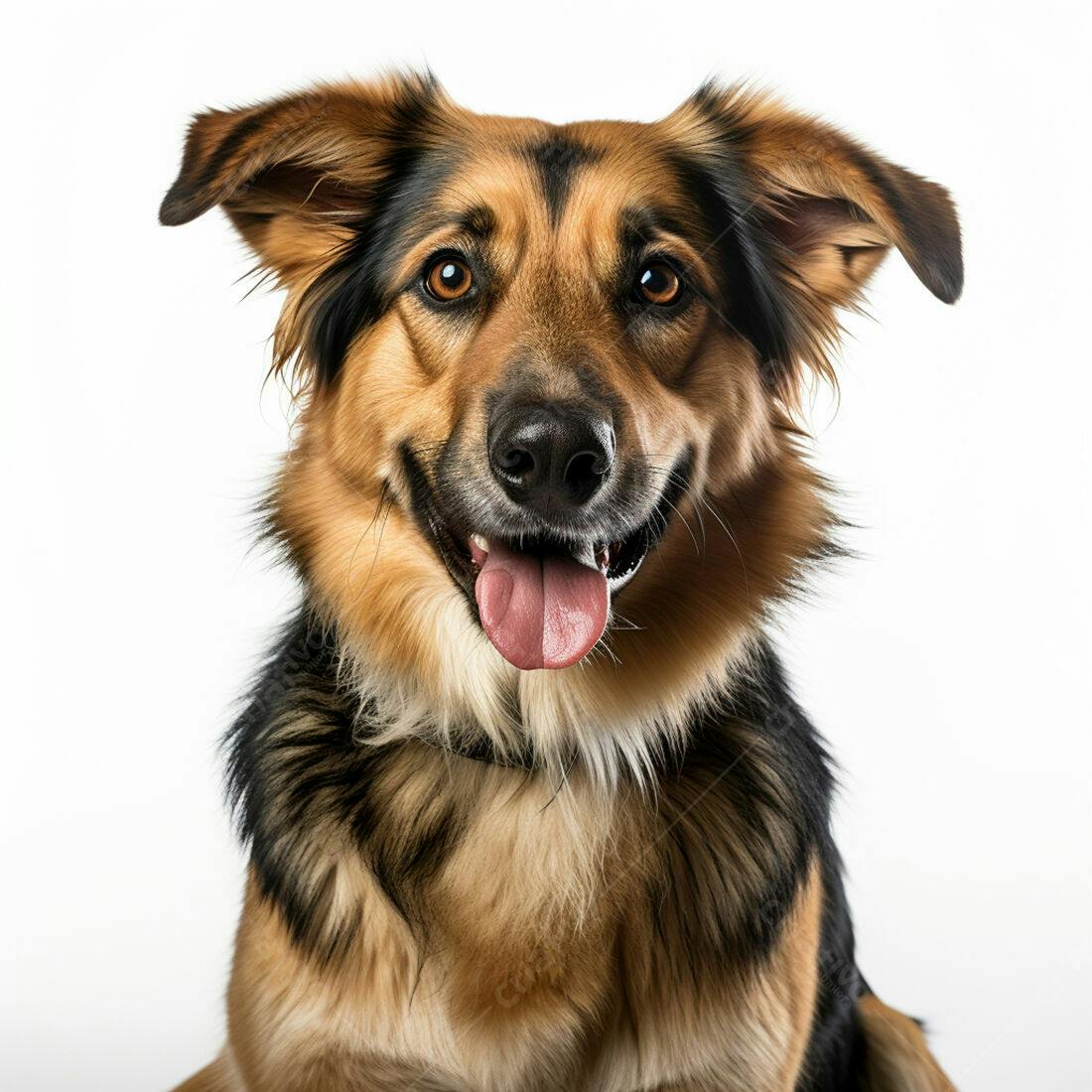 Cachorro feliz de pelo marrom e preto fundo branco
