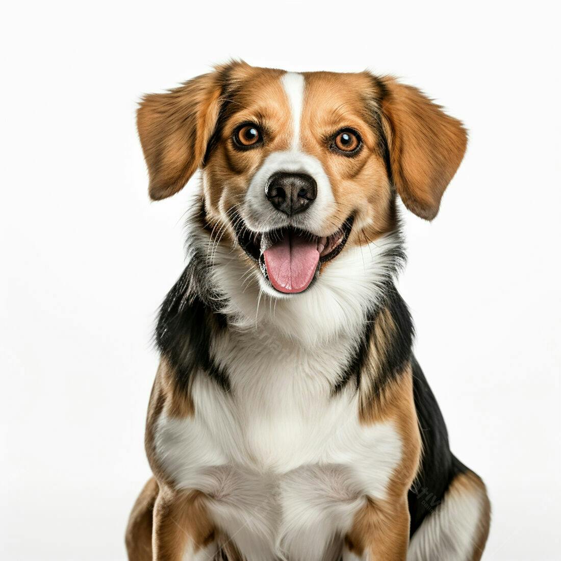 Cachorro feliz de pelagem tricolor fundo branco