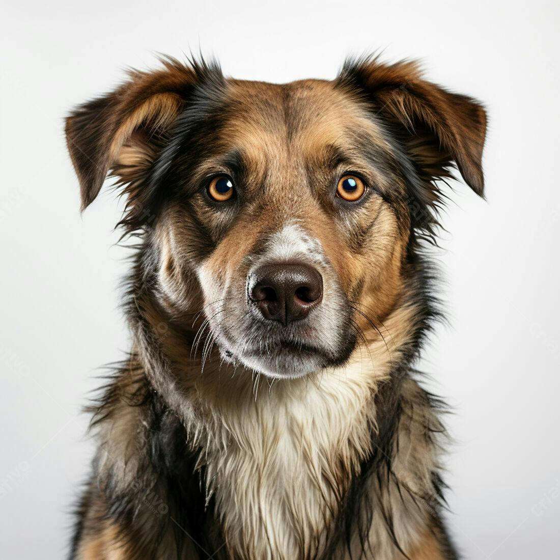 Cachorro marrom e preto olhar sério fundo branco