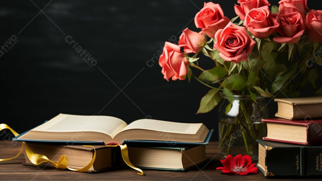 Livro aberto com rosas cor-de-rosa