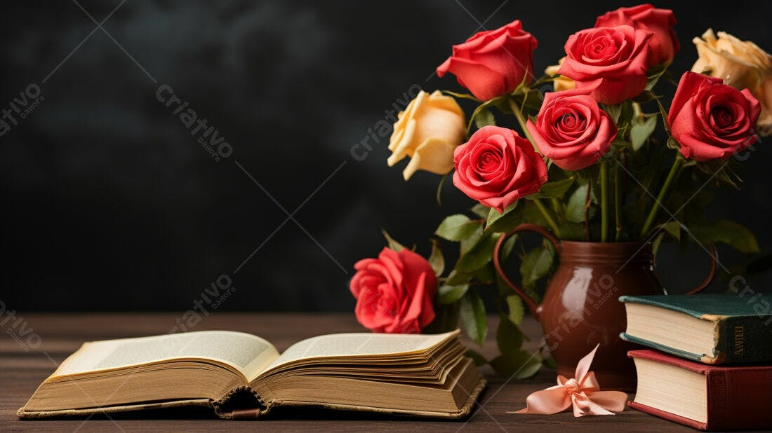 Livro aberto com rosas vermelhas em vaso