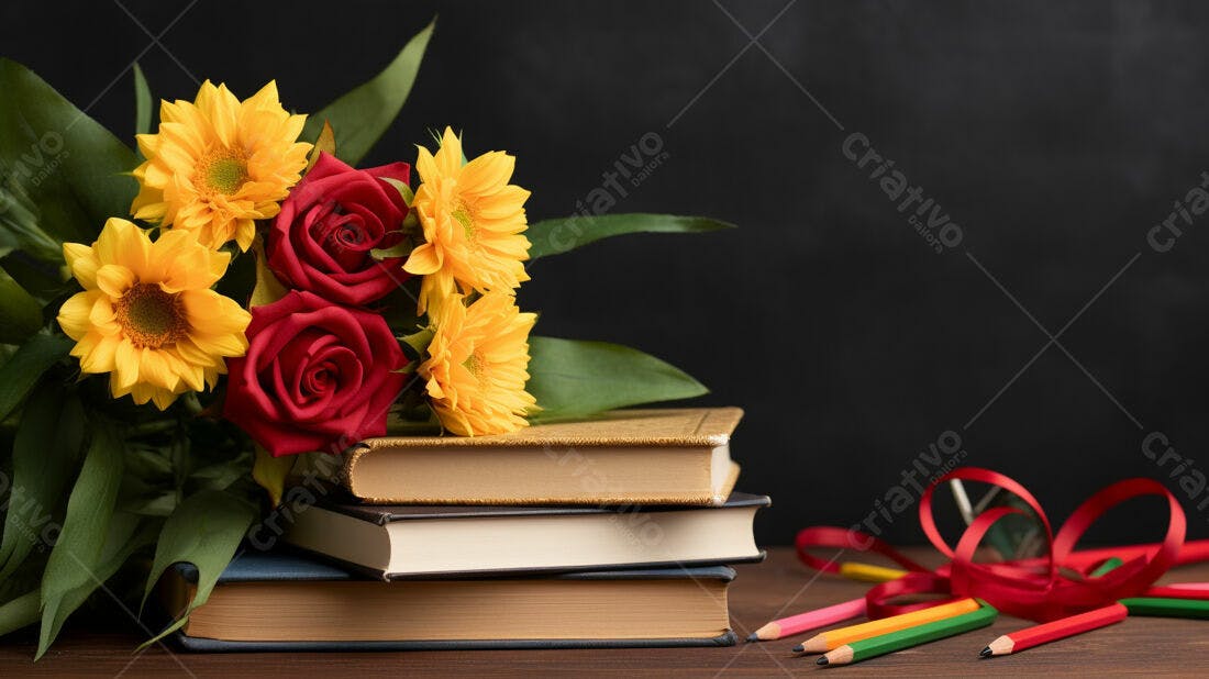 Buquê de flores e livros Dia do Professor