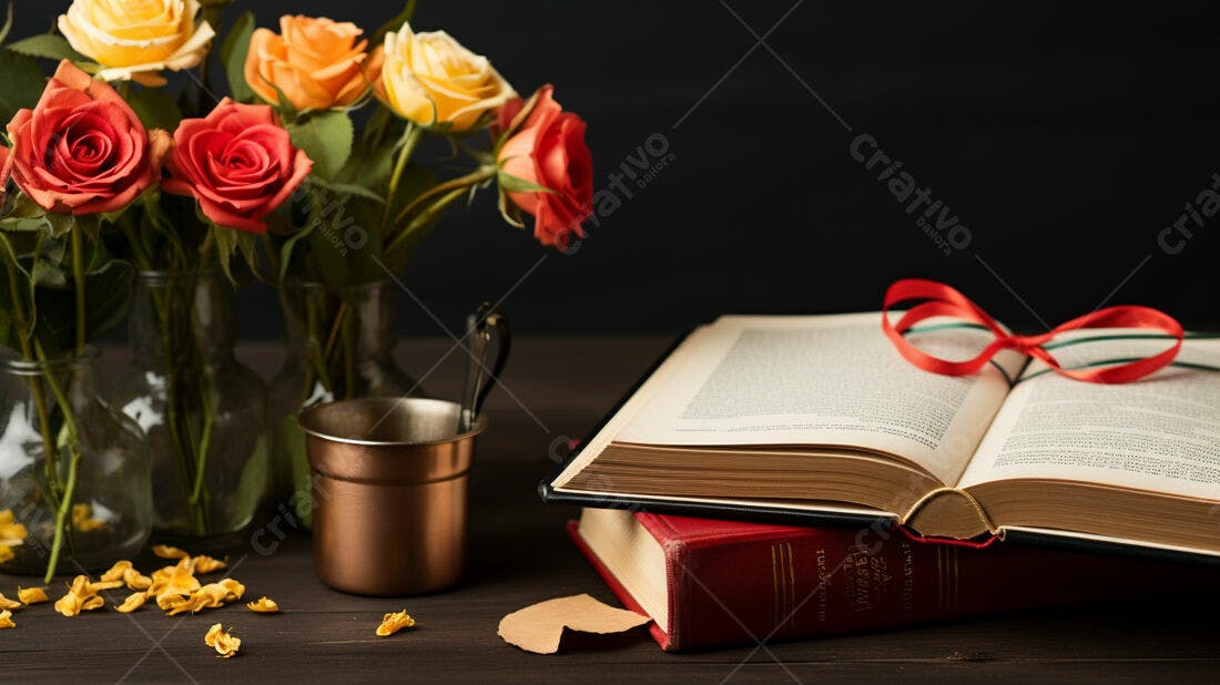 Livro aberto com rosas e copo de cobre