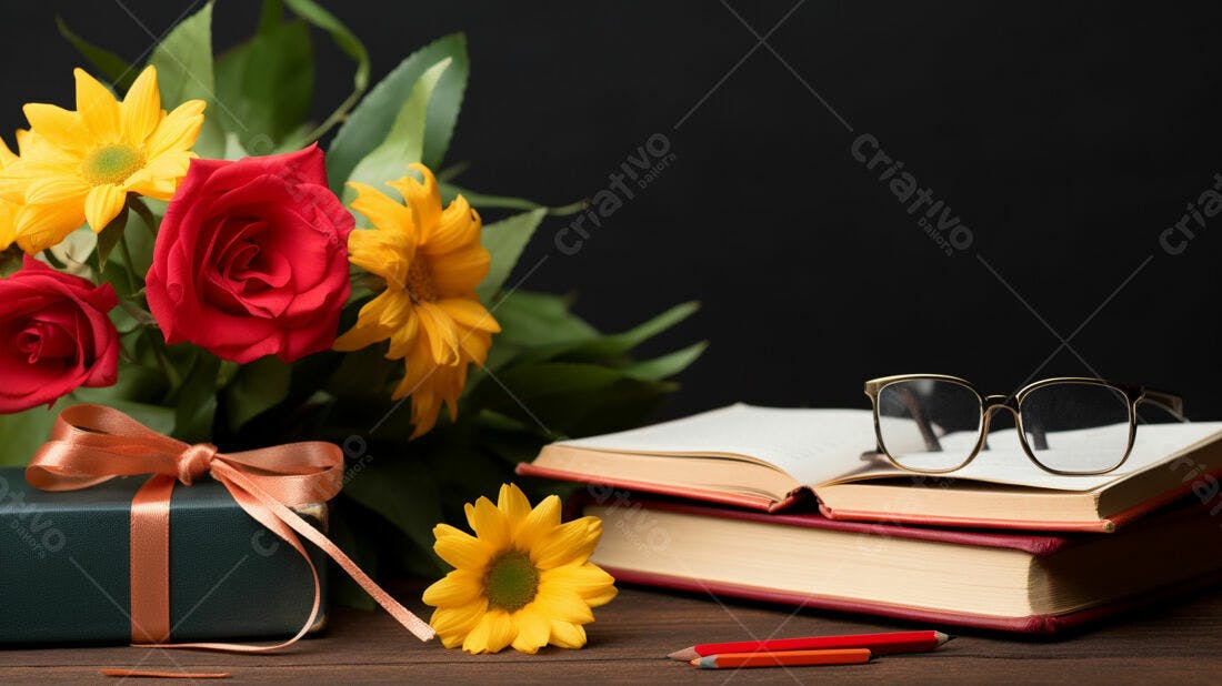 Flores, livros e presente para professores