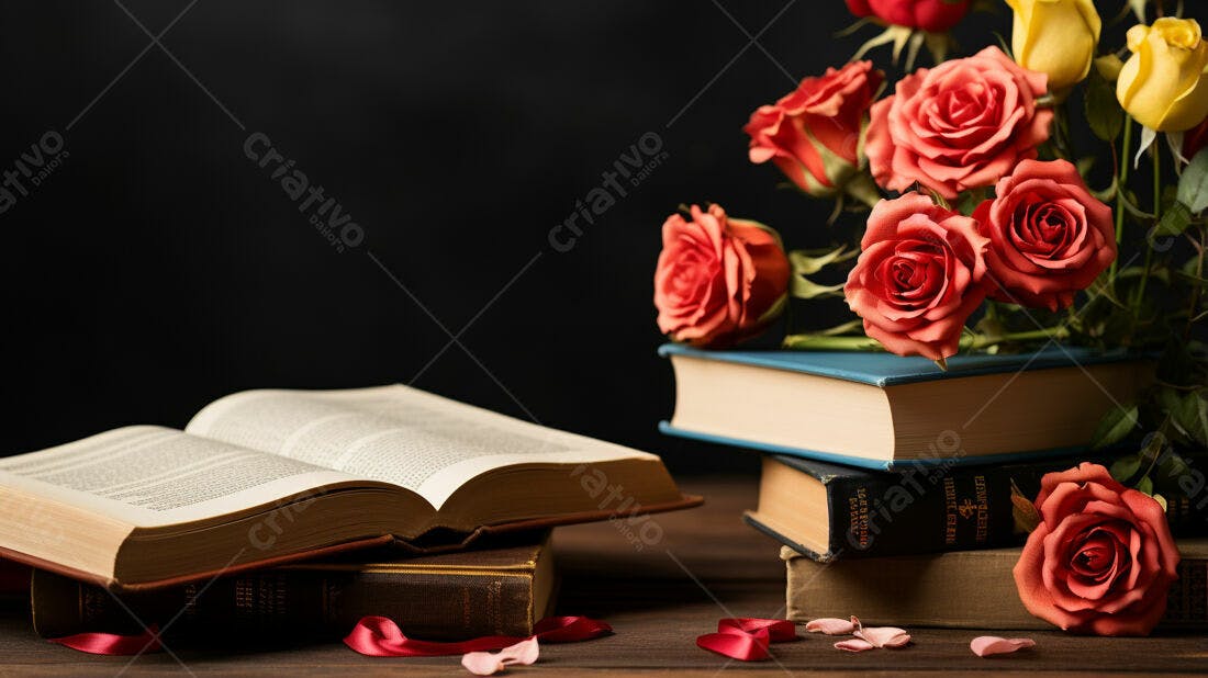 Livro aberto com rosas sobre livros antigos