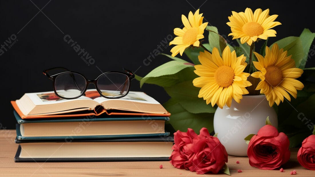Livros óculos flores amarelas e rosas vermelhas