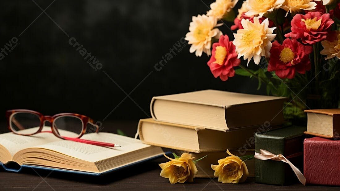 Livros flores e óculos em mesa escura