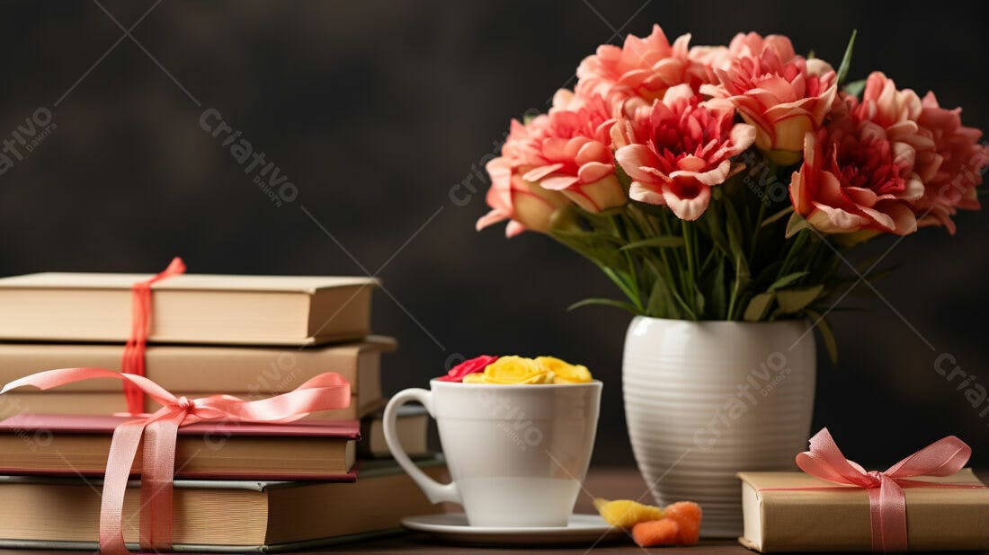 Flores cor de coral livros e chá