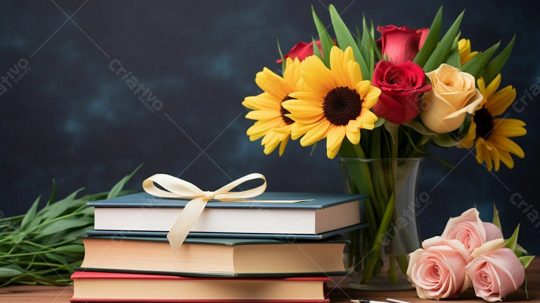 Livros e flores em tons quentes