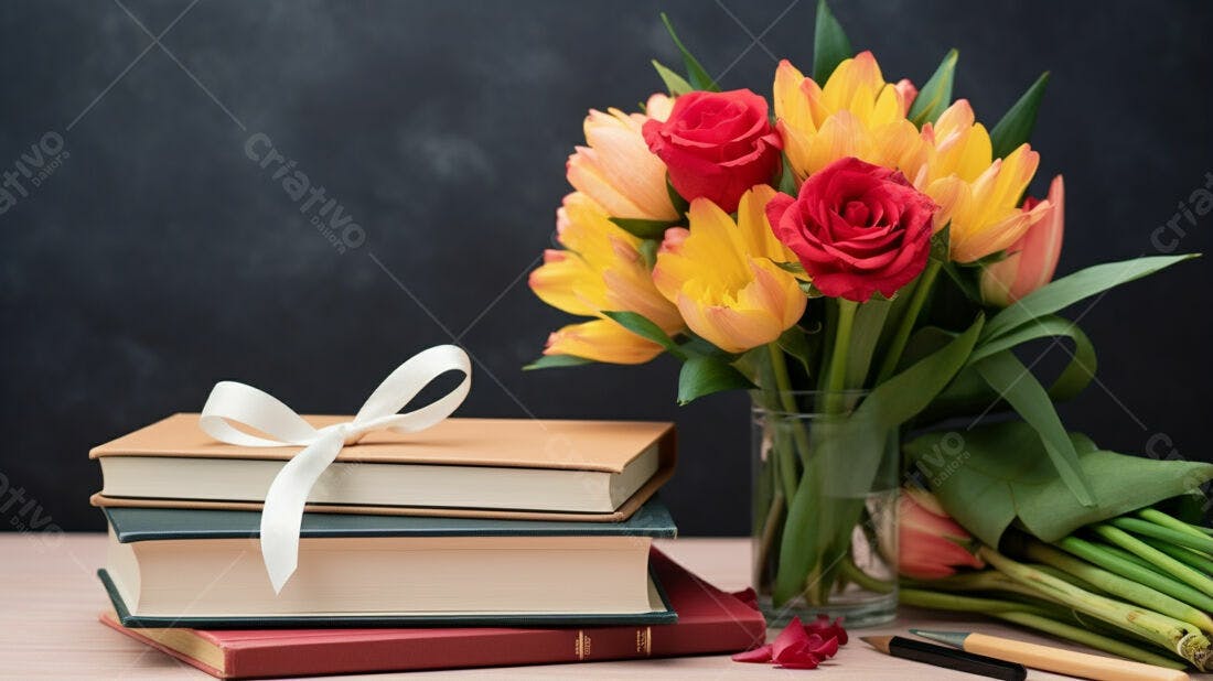 Livros e flores em composição delicada