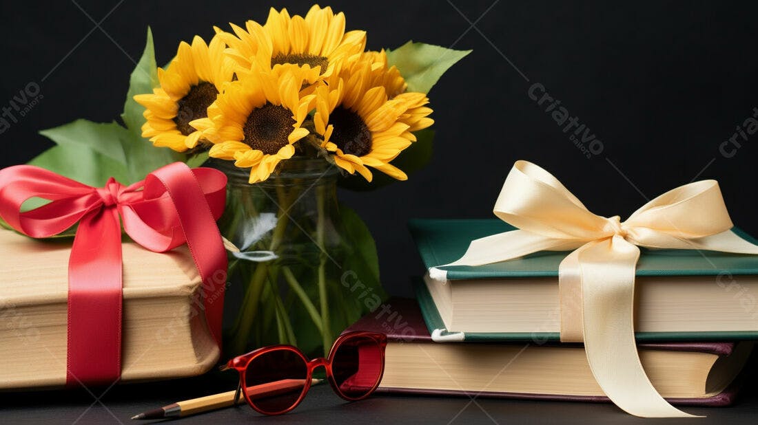 Girassóis livros e óculos presente perfeito