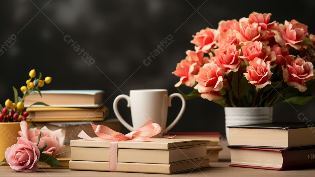 Livros presentes rosas e café ambiente aconchegante
