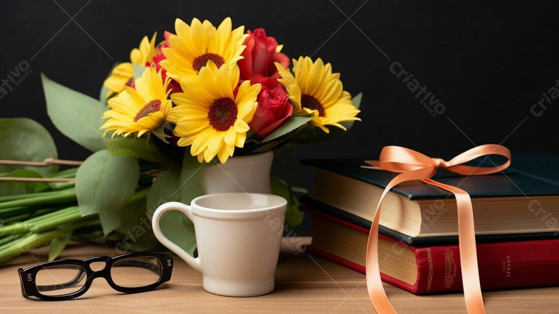 Flores amarelas e vermelhas livros e café