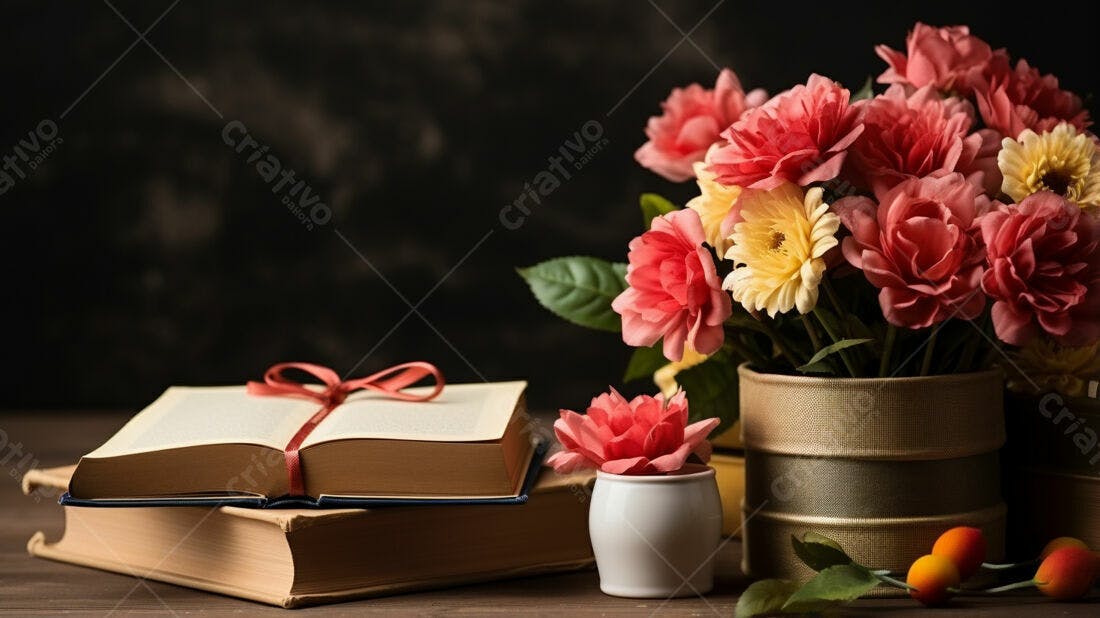 Livro aberto com flores cor-de-rosa e amarelas
