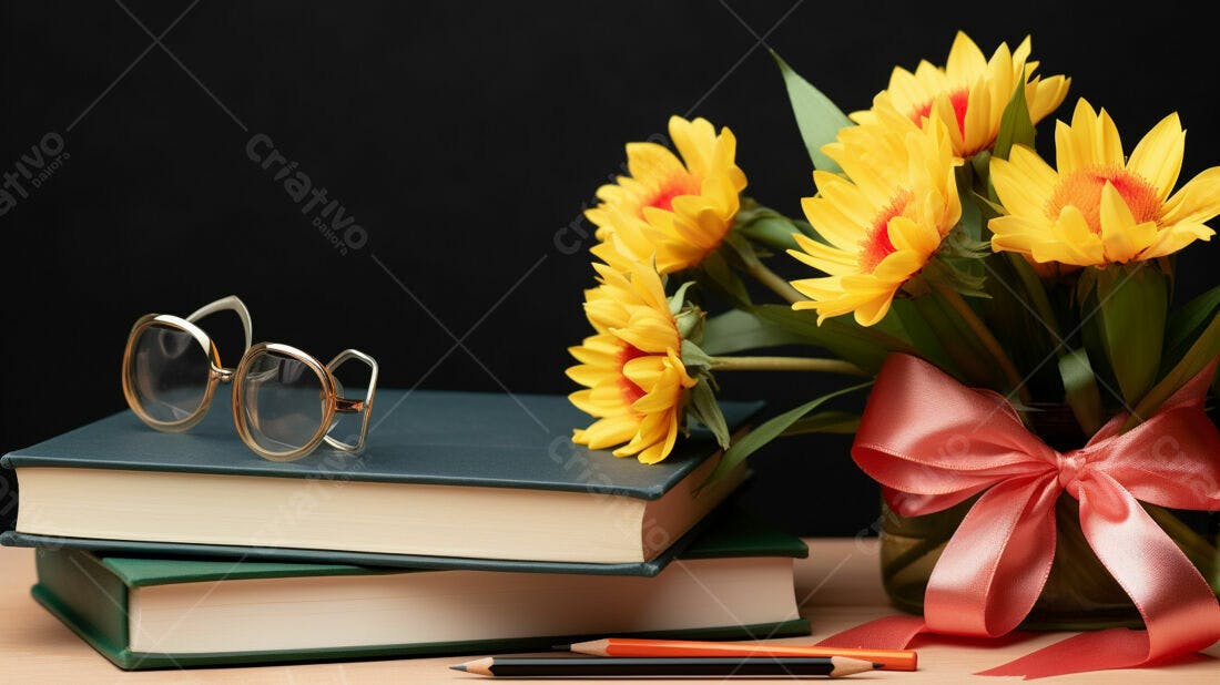 Flores amarelas livros óculos presente professores