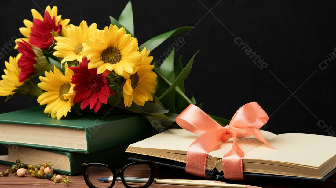 Flores e livros presente de professor