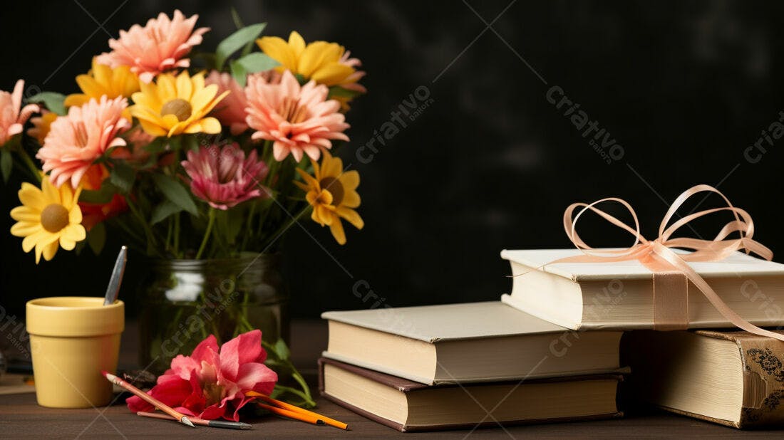 Flores e livros em mesa escura