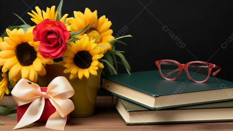 Imagem grátis livros com flores sobre mesa professores escola imagem ia