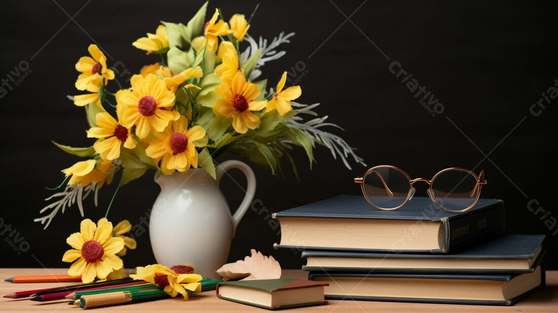 Flores amarelas livros e óculos em mesa de madeira