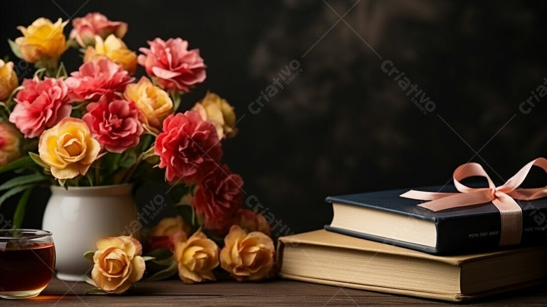 Rosas cor de rosa e amarelo com livros e chá