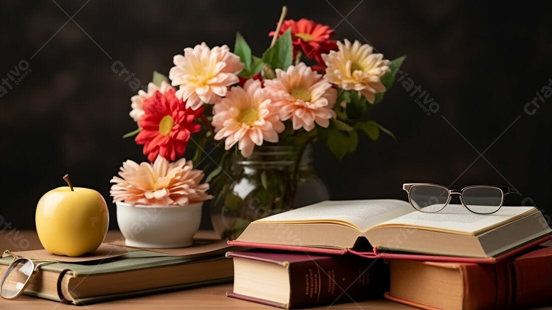 Livros Aberto com Flores e Maçã