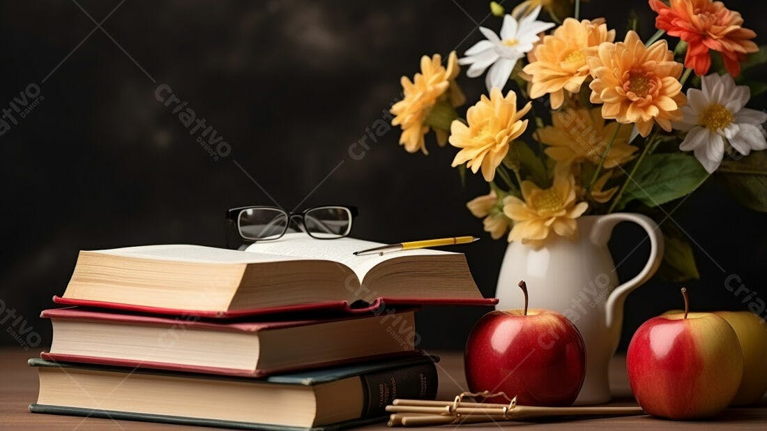 Livros óculos maçãs e flores em composição
