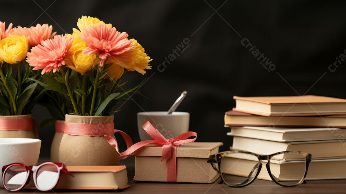 Flores em vasos com livros e óculos