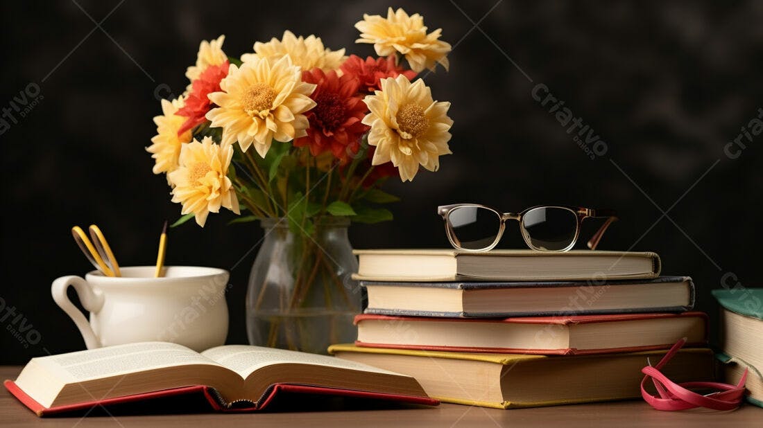 Livro aberto com flores e óculos