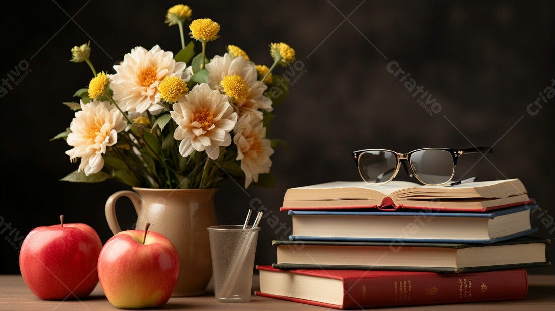 Flores Dahlias e livros em mesa rústica