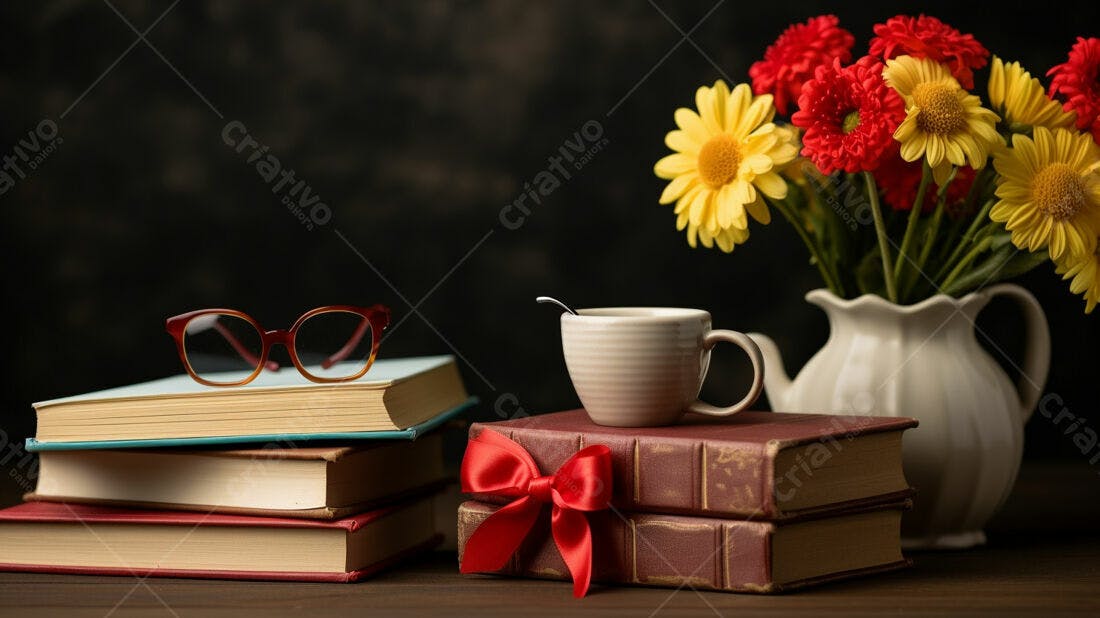 Livros xícara e flores amarelas e vermelhas