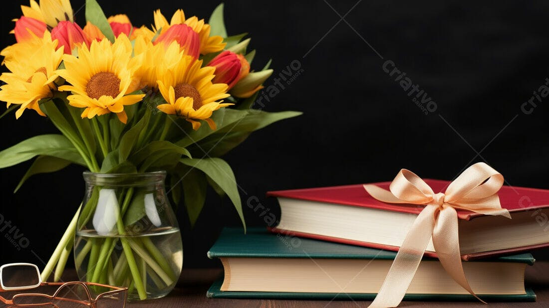 Girassóis e livros com laço delicado