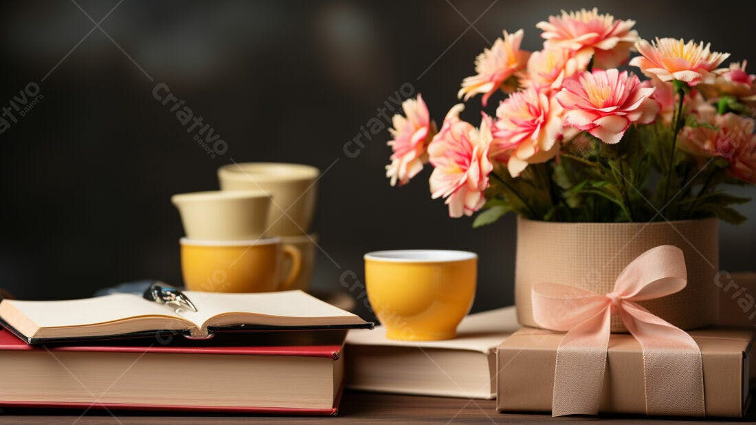 Livro aberto com flores e presentes