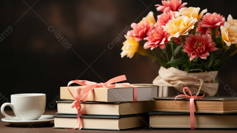 Imagem grátis livros com flores sobre mesa professores escola imagem ia