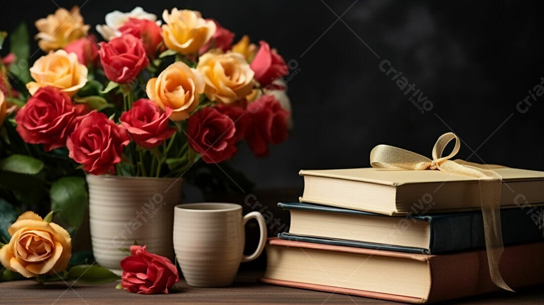 Rosas vermelhas e amarelas com livros e xícara