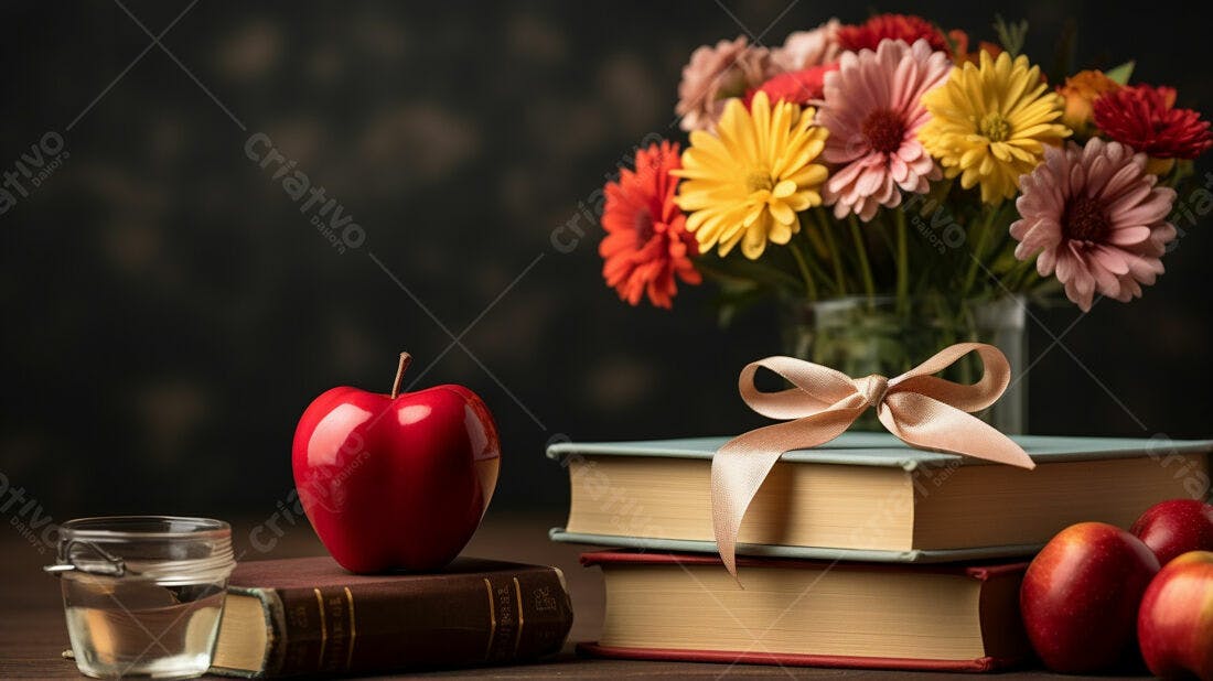 Maçã vermelha livros e flores cenário outono