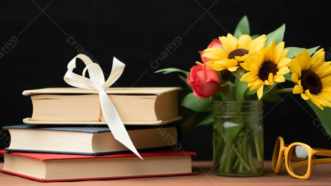 Livros com laço e flores amarelas e vermelhas