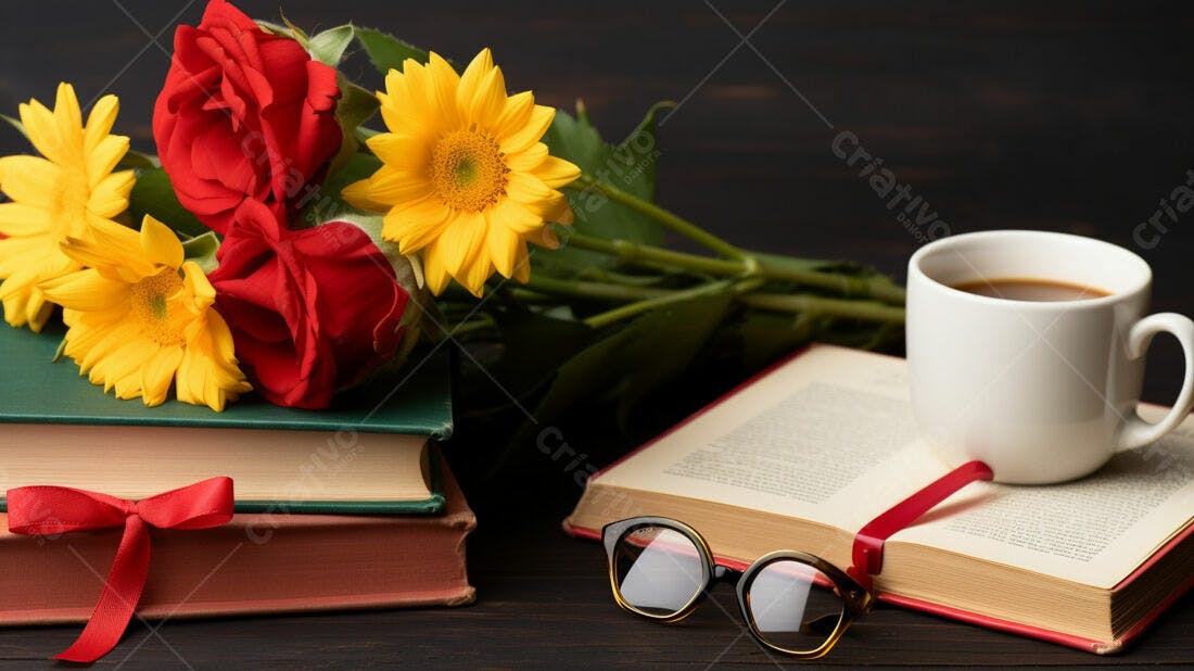 Flores e livros com café da manhã