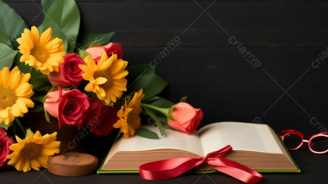Livro com rosas e girassóis amarelos