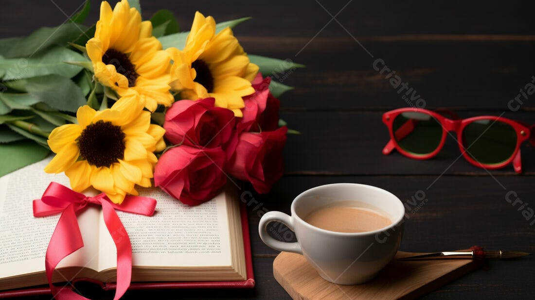 Girassóis e rosas vermelhas com café e livro