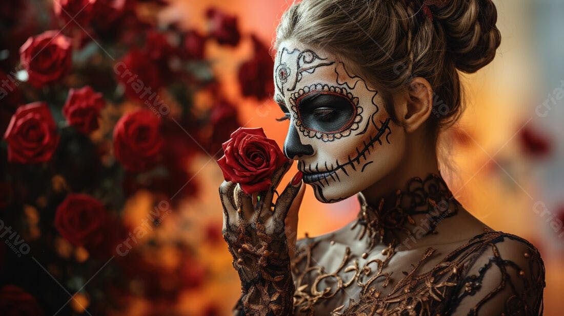 Mulher com maquiagem de caveira cheirando rosa vermelha