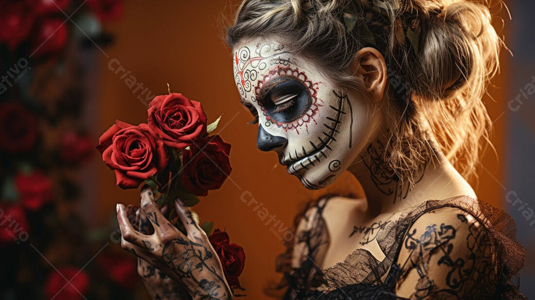 Modelo com maquiagem de Catrina segurando rosas vermelhas
