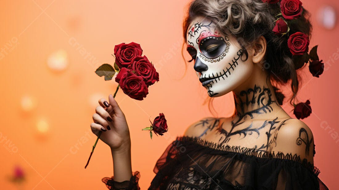 Mulher com maquiagem Dia dos Mortos segurando rosas vermelhas