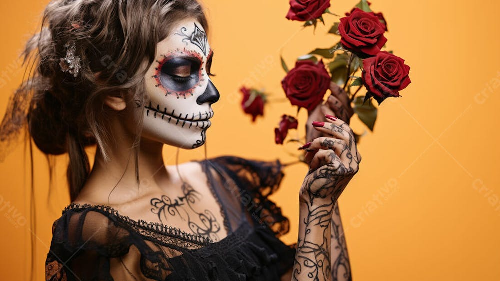 Imagem Grátis Ia Mulher Com Pintura De Caveira Dia De Los Muertos Mexico Flores Rosa (4)