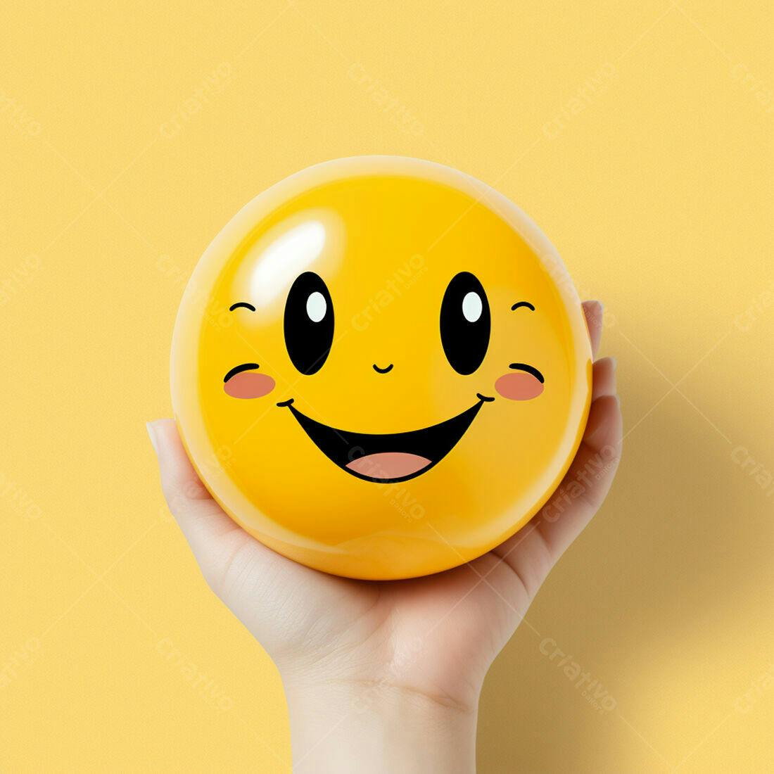 Mão segurando emoji amarelo sorridente