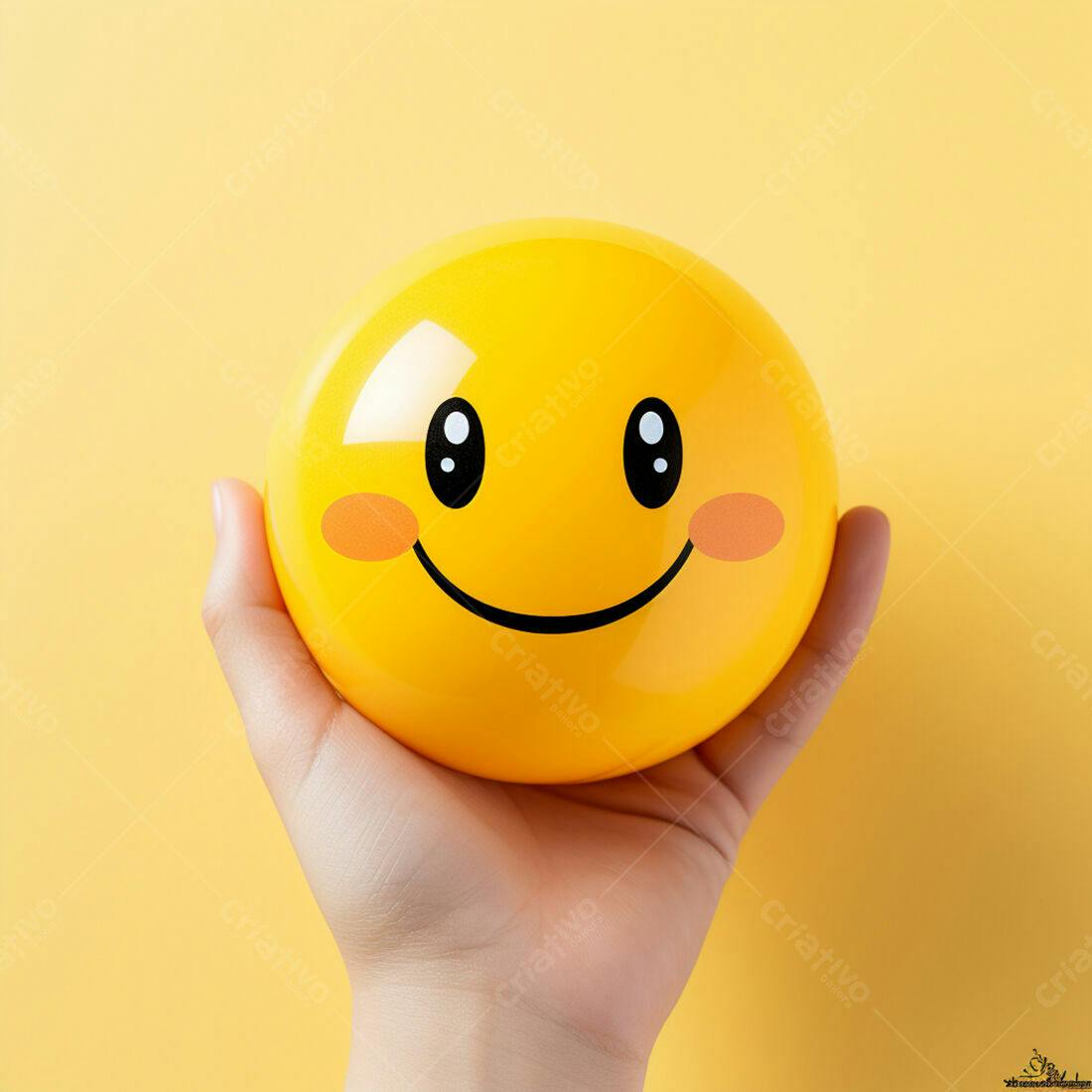 Mão segurando emoji amarelo sorridente