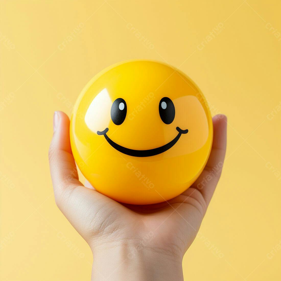 Mão segurando bola amarela com emoticon feliz
