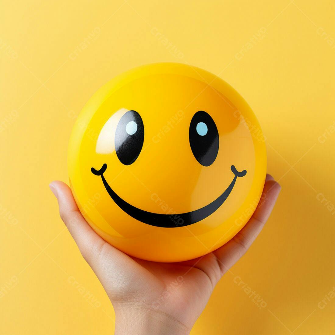 Mão segurando bola amarela com sorriso
