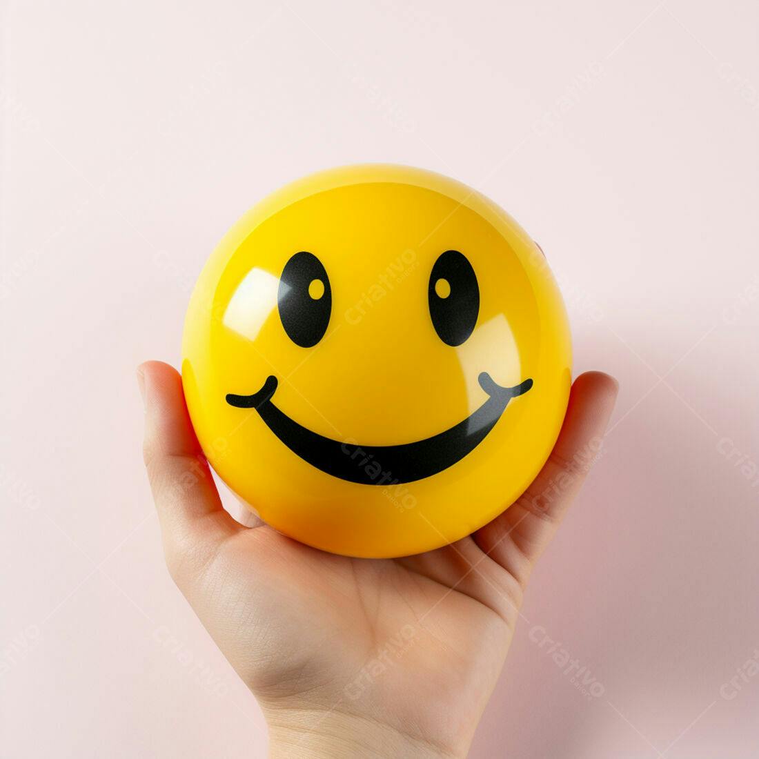 Mão segurando bola amarela com emoji feliz