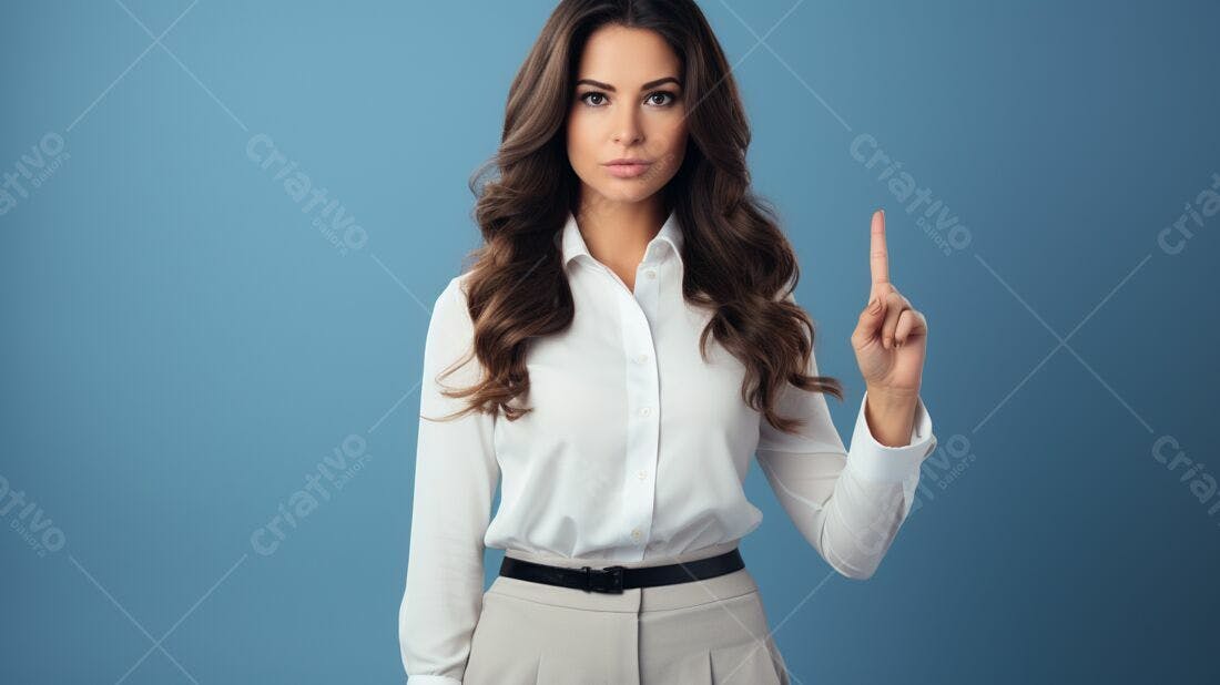 Mulher executiva apontando com o dedo fundo azul