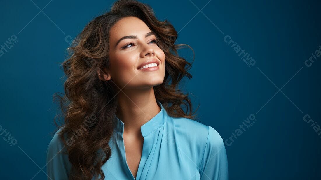 Mulher sorridente cabelo cacheado fundo azul
